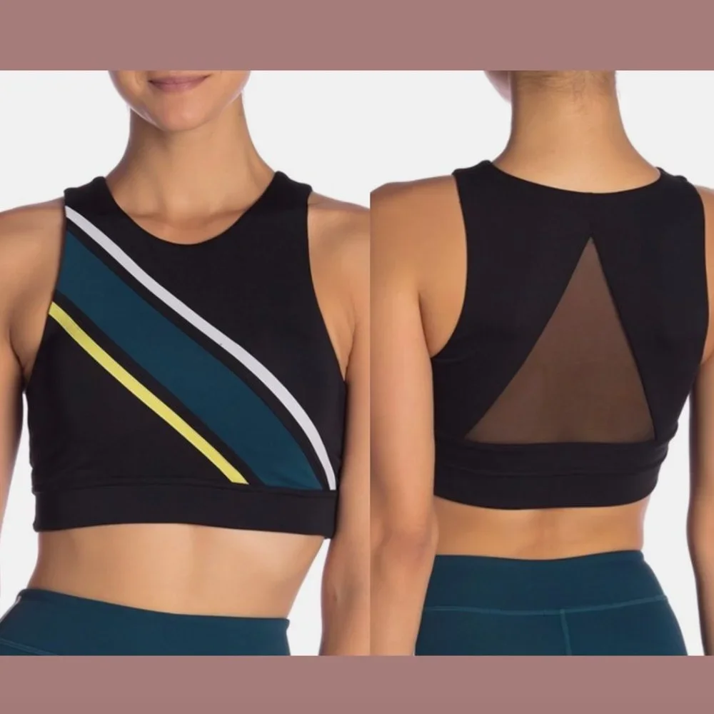 NWT Zella‎ [ Small ] High Neck Front Stripe Mesh Back Sports Bra in Black #6044
